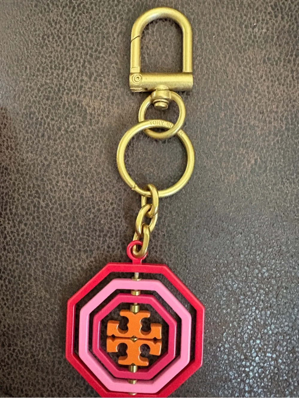 Tory Burch Pink & Red Enamel Octagon Logo Keyring
